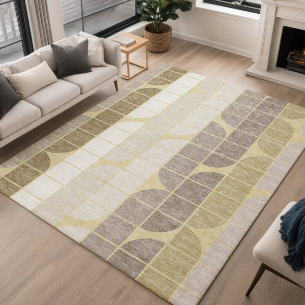 HomeRoots 10' X 14' Washable Indoor/Outdoor Rug in Wheat Ivory & Brown - Durable Geometric Design for All Spaces 691229