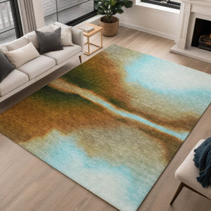 HomeRoots 5' Modern Abstract Area Rug in Blue, Brown & Ivory - Washable, Indoor/Outdoor, Durable Design! 691231