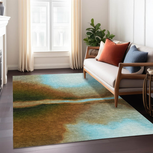 HomeRoots 5' Modern Abstract Area Rug in Blue, Brown & Ivory - Washable, Indoor/Outdoor, Durable Design! 691231