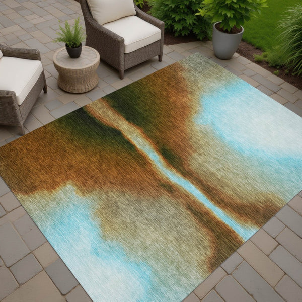 HomeRoots 5' Modern Abstract Area Rug in Blue, Brown & Ivory - Washable, Indoor/Outdoor, Durable Design! 691231