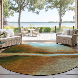 HomeRoots 8' Round Abstract Area Rug in Blue, Brown & Ivory – Washable, Durable for Indoor & Outdoor Spaces 691232