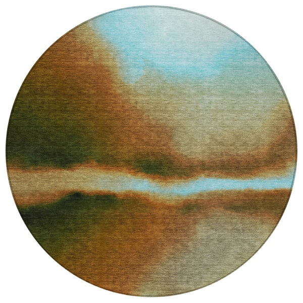 HomeRoots 8' Round Abstract Area Rug in Blue, Brown & Ivory – Washable, Durable for Indoor & Outdoor Spaces 691232