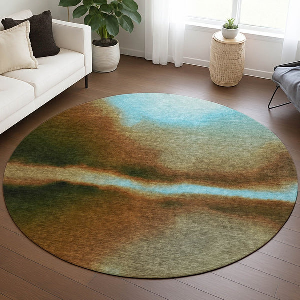 HomeRoots 8' Round Abstract Area Rug in Blue, Brown & Ivory – Washable, Durable for Indoor & Outdoor Spaces 691232