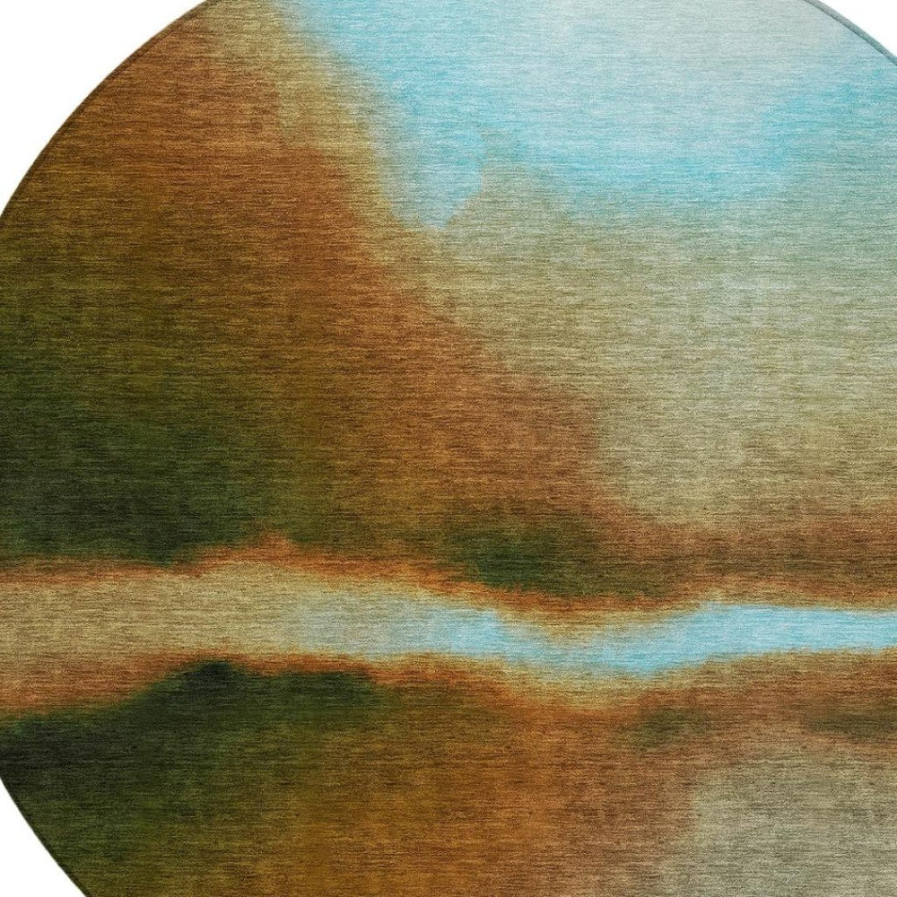 HomeRoots 8' Round Abstract Area Rug in Blue, Brown & Ivory – Washable, Durable for Indoor & Outdoor Spaces 691232