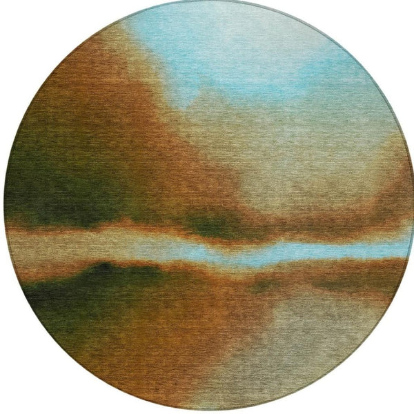HomeRoots 8' Round Abstract Area Rug in Blue, Brown & Ivory – Washable, Durable for Indoor & Outdoor Spaces 691232