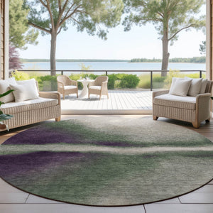 HomeRoots 8' Round Abstract Area Rug in Fern Green, Purple & Beige – Stylish, Washable & Versatile for Indoor/Outdoor Use 691238