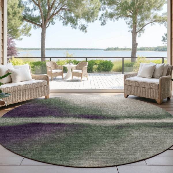 HomeRoots 8' Round Abstract Area Rug in Fern Green, Purple & Beige – Stylish, Washable & Versatile for Indoor/Outdoor Use 691238
