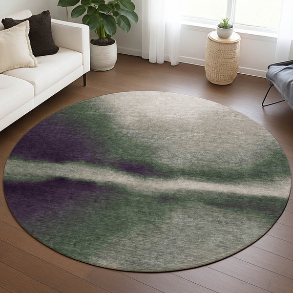 HomeRoots 8' Round Abstract Area Rug in Fern Green, Purple & Beige – Stylish, Washable & Versatile for Indoor/Outdoor Use 691238