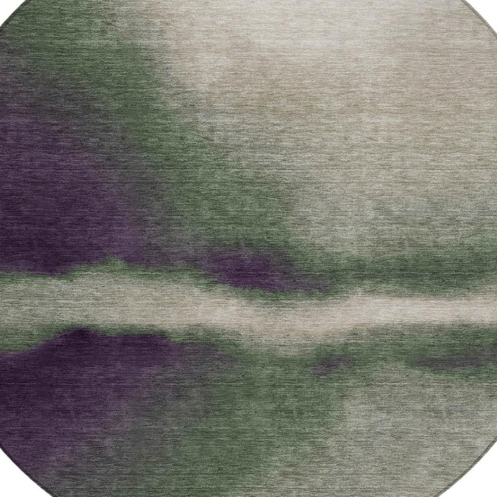 HomeRoots 8' Round Abstract Area Rug in Fern Green, Purple & Beige – Stylish, Washable & Versatile for Indoor/Outdoor Use 691238