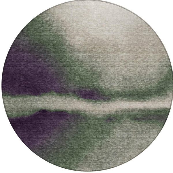 HomeRoots 8' Round Abstract Area Rug in Fern Green, Purple & Beige – Stylish, Washable & Versatile for Indoor/Outdoor Use 691238