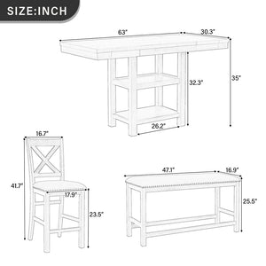 English Elm U_style Rubberwood Farmhouse Bar Table Set Expandable Crossback Chairs Bench Seating Grey WY000534AAE