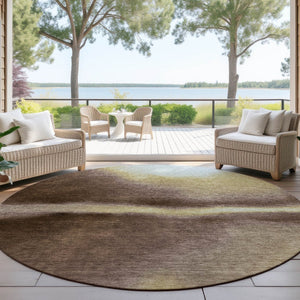HomeRoots 8' Washable Round Area Rug with Bold Abstract Design in Chocolate, Gold & Plum for Indoor/Outdoor Use 691244