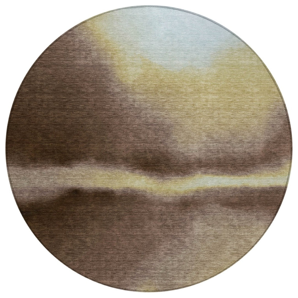 HomeRoots 8' Washable Round Area Rug with Bold Abstract Design in Chocolate, Gold & Plum for Indoor/Outdoor Use 691244