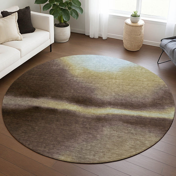 HomeRoots 8' Washable Round Area Rug with Bold Abstract Design in Chocolate, Gold & Plum for Indoor/Outdoor Use 691244