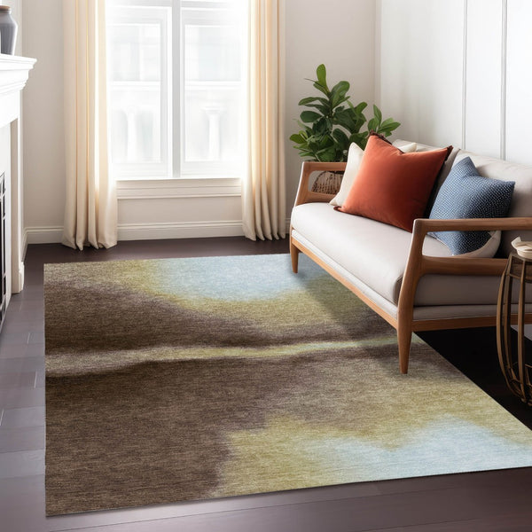 HomeRoots 9' X 12' Stylish Chocolate, Gold & Plum Abstract Washable Area Rug for Indoor & Outdoor Use 691246
