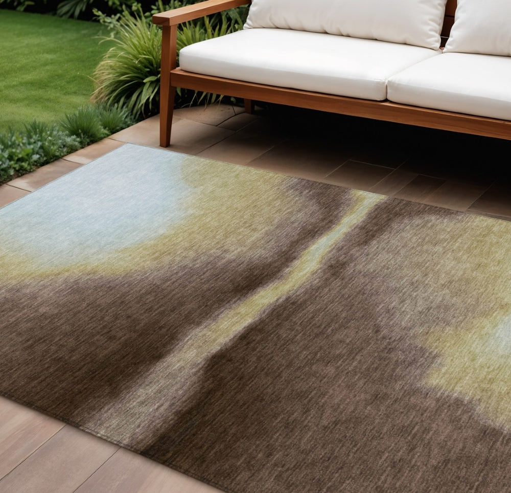 HomeRoots 10' X 14' Modern Chocolate Gold Plum Abstract Rug – Washable, Durable for Indoor & Outdoor Use 691247