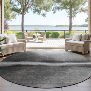 HomeRoots 8' Round Abstract Area Rug in Gray, Ivory & Black – Stylish, Washable, Indoor/Outdoor Durability 691250