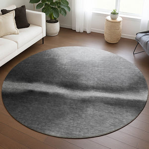 HomeRoots 8' Round Abstract Area Rug in Gray, Ivory & Black – Stylish, Washable, Indoor/Outdoor Durability 691250