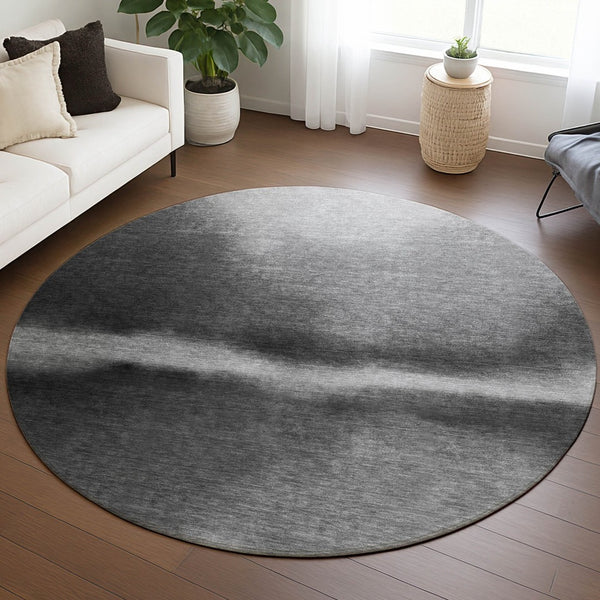 HomeRoots 8' Round Abstract Area Rug in Gray, Ivory & Black – Stylish, Washable, Indoor/Outdoor Durability 691250