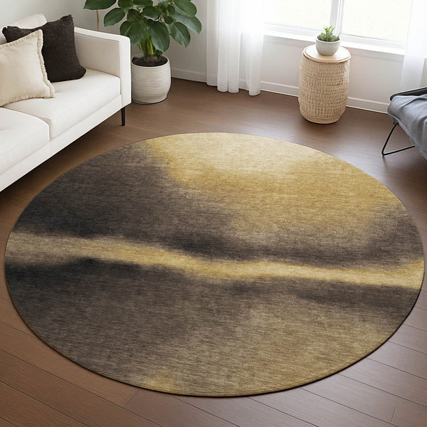 HomeRoots 8' Round Amber and Black Abstract Rug – Stylish, Washable Indoor/Outdoor Area Decor for Any Space 691256