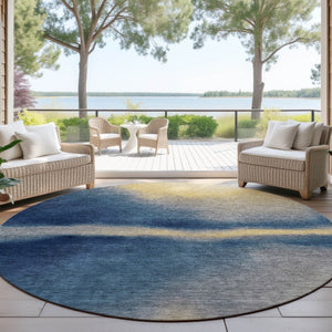 HomeRoots 8' Round Abstract Area Rug in Navy Blue, Gold & Beige - Stylish, Washable for Indoor/Outdoor Use! 691262