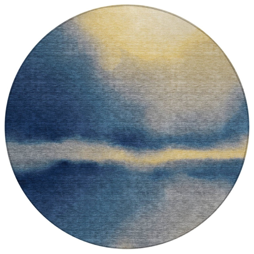 HomeRoots 8' Round Abstract Area Rug in Navy Blue, Gold & Beige - Stylish, Washable for Indoor/Outdoor Use! 691262