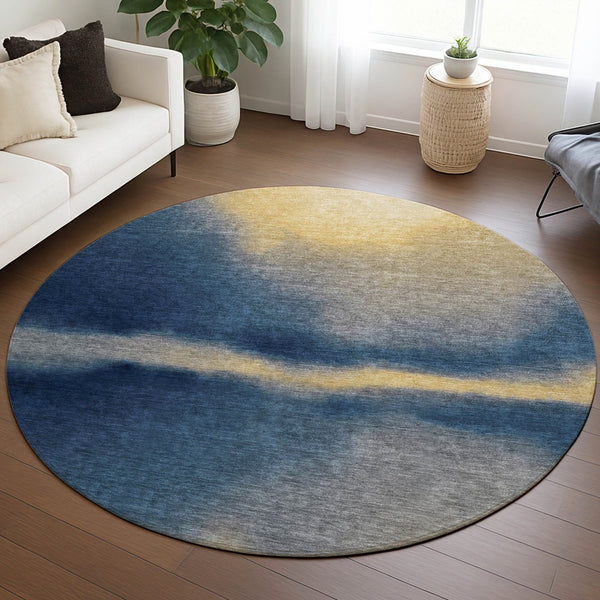HomeRoots 8' Round Abstract Area Rug in Navy Blue, Gold & Beige - Stylish, Washable for Indoor/Outdoor Use! 691262