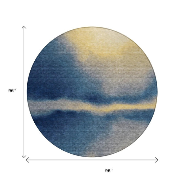 HomeRoots 8' Round Abstract Area Rug in Navy Blue, Gold & Beige - Stylish, Washable for Indoor/Outdoor Use! 691262