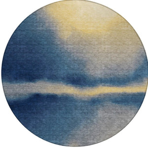 HomeRoots 8' Round Abstract Area Rug in Navy Blue, Gold & Beige - Stylish, Washable for Indoor/Outdoor Use! 691262