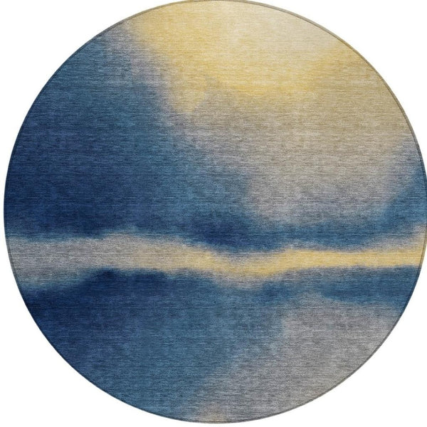 HomeRoots 8' Round Abstract Area Rug in Navy Blue, Gold & Beige - Stylish, Washable for Indoor/Outdoor Use! 691262