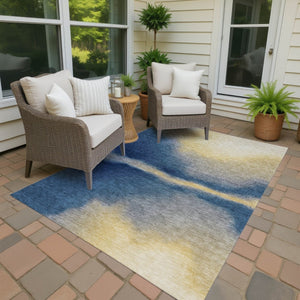 HomeRoots 10' Navy Blue, Gold & Beige Abstract Rug - Washable Indoor/Outdoor Area Rug for Stylish Durability 691265