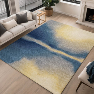 HomeRoots 10' Navy Blue, Gold & Beige Abstract Rug - Washable Indoor/Outdoor Area Rug for Stylish Durability 691265