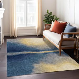 HomeRoots 10' Navy Blue, Gold & Beige Abstract Rug - Washable Indoor/Outdoor Area Rug for Stylish Durability 691265