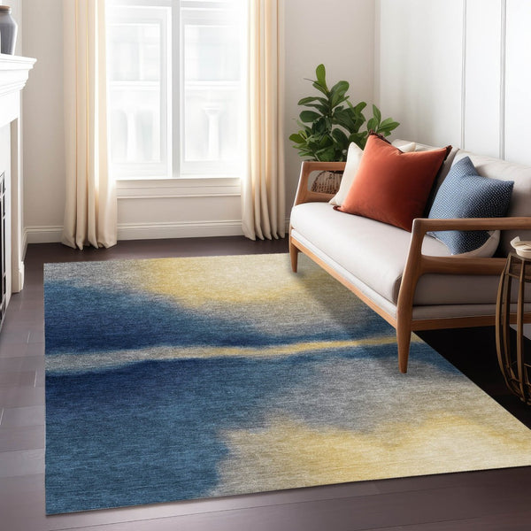 HomeRoots 10' Navy Blue, Gold & Beige Abstract Rug - Washable Indoor/Outdoor Area Rug for Stylish Durability 691265