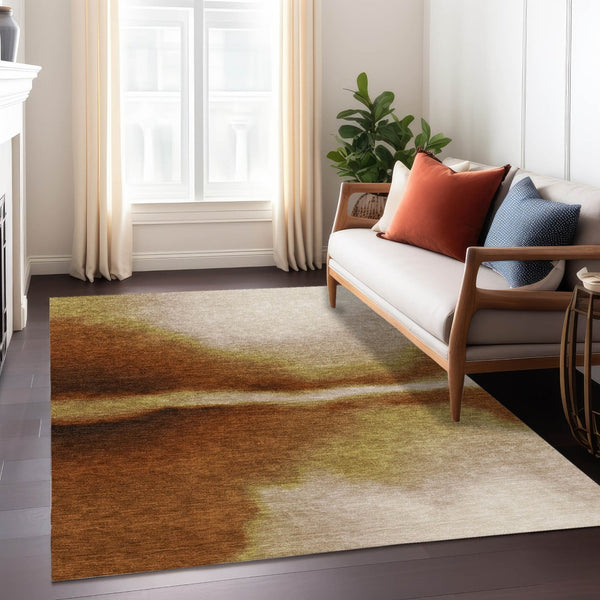HomeRoots 8' X 10' Modern Rust Copper Beige Abstract Washable Area Rug for Indoor & Outdoor Durability 691269