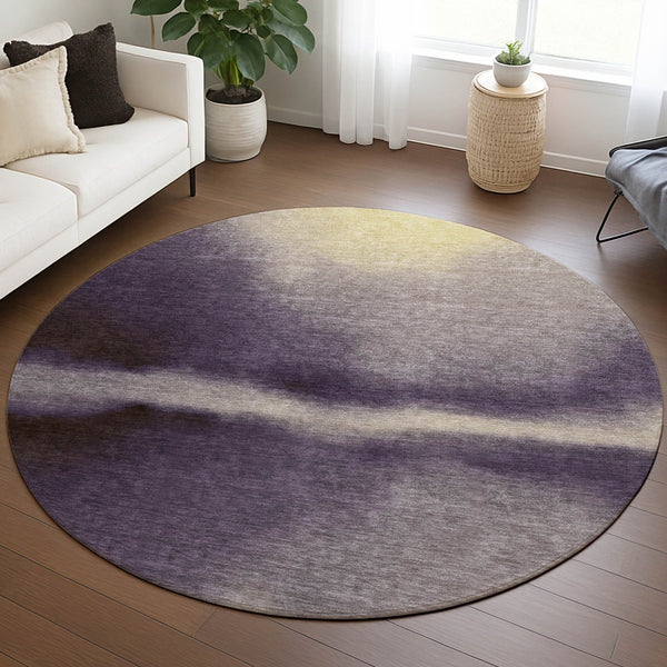 HomeRoots 8' Washable Round Area Rug in Plum, Wheat & Ivory - Modern Abstract Design for Indoor & Outdoor Use 691274