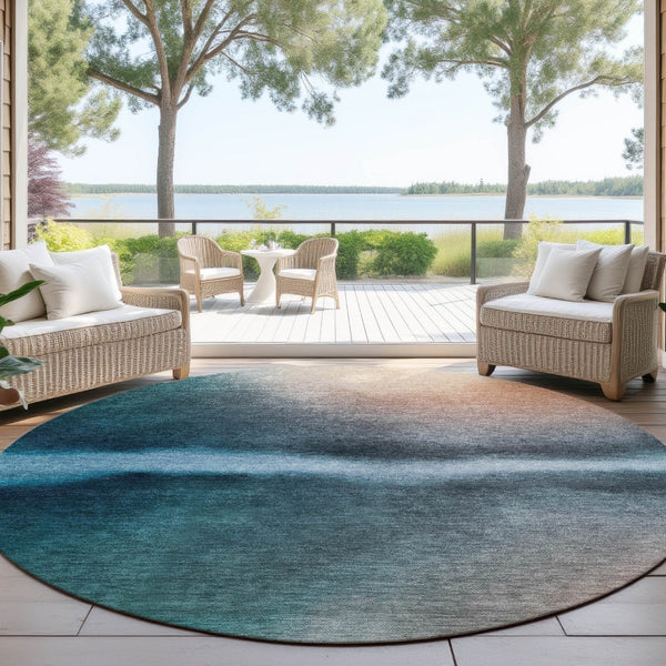 HomeRoots 8' Teal Blue Round Abstract Area Rug – Stylish, Washable Design for Indoor & Outdoor Spaces, 96" Diameter 691286