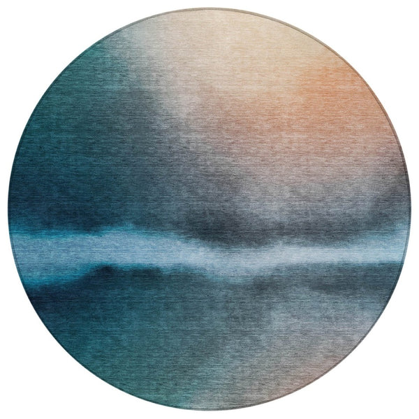 HomeRoots 8' Teal Blue Round Abstract Area Rug – Stylish, Washable Design for Indoor & Outdoor Spaces, 96" Diameter 691286