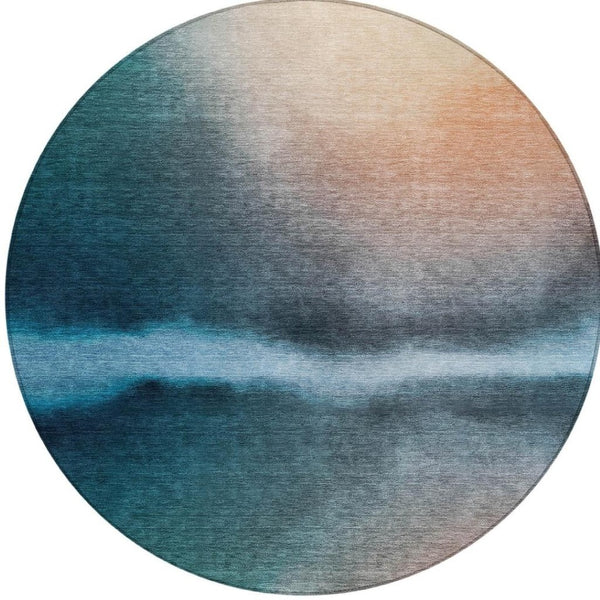HomeRoots 8' Teal Blue Round Abstract Area Rug – Stylish, Washable Design for Indoor & Outdoor Spaces, 96" Diameter 691286