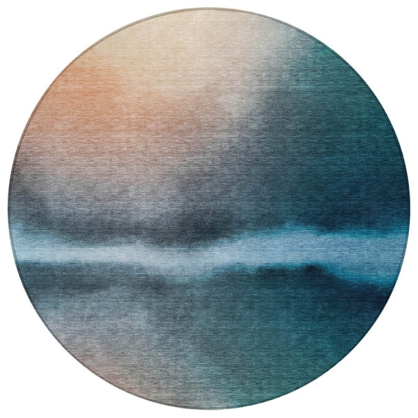 HomeRoots 8' Teal Blue Round Abstract Area Rug – Stylish, Washable Design for Indoor & Outdoor Spaces, 96" Diameter 691286