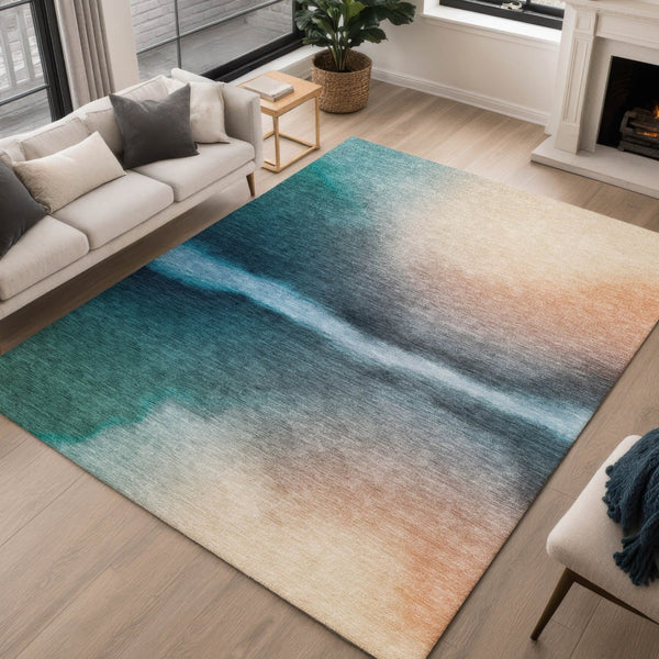 HomeRoots 9' X 12' Teal Blue Abstract Washable Area Rug – Stylish, Durable, Versatile for Indoor & Outdoor Use 691288