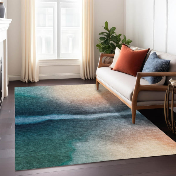 HomeRoots 9' X 12' Teal Blue Abstract Washable Area Rug – Stylish, Durable, Versatile for Indoor & Outdoor Use 691288