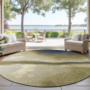 HomeRoots 8' Round Abstract Area Rug in Wheat, Blue & Beige - Washable, Durable, Perfect for Indoor/Outdoor Use 691292