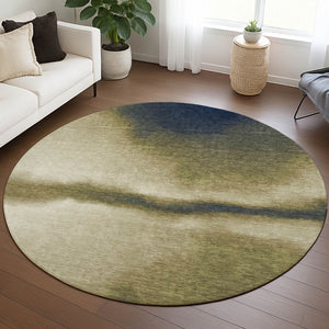HomeRoots 8' Round Abstract Area Rug in Wheat, Blue & Beige - Washable, Durable, Perfect for Indoor/Outdoor Use 691292