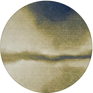 HomeRoots 8' Round Abstract Area Rug in Wheat, Blue & Beige - Washable, Durable, Perfect for Indoor/Outdoor Use 691292