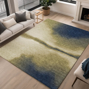 HomeRoots 8' X 10' Durable Washable Abstract Area Rug in Wheat Blue and Beige for Indoor & Outdoor Elegance 691293