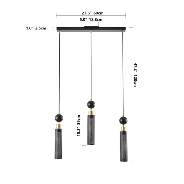 English Elm 25" Modern Black & Gold 3-Light Pendant Chandelier - Adjustable Cylindrical Mesh Shades, E26, Dining/Kitchen Lighting W1340P233174