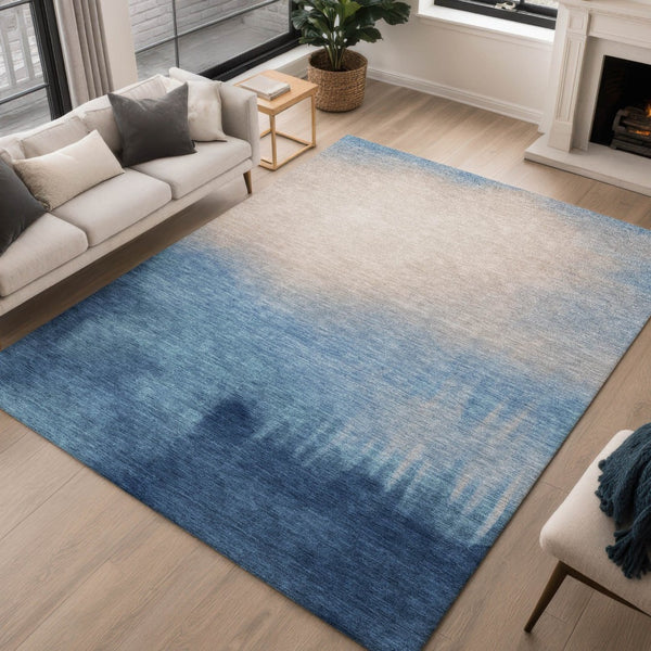 HomeRoots 5' X 8' Durable Denim Blue, Beige & Cream Abstract Area Rug – Stylish, Washable for Indoor/Outdoor Use 691309