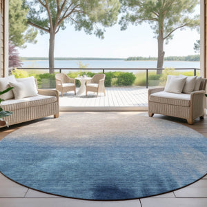 HomeRoots 8' Modern Round Abstract Area Rug in Denim Blue, Beige & Cream - Washable, Durable & Stylish! 691310