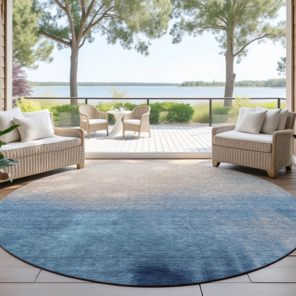 HomeRoots 8' Modern Round Abstract Area Rug in Denim Blue, Beige & Cream - Washable, Durable & Stylish! 691310